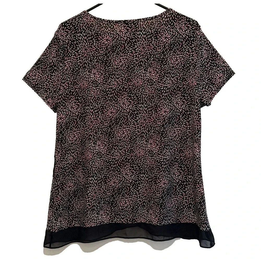 ROZ & ALI Top L Short Sleeve Black Pink Floral Layered Hem Tunic Blouse Stretch - Picture 3 of 7